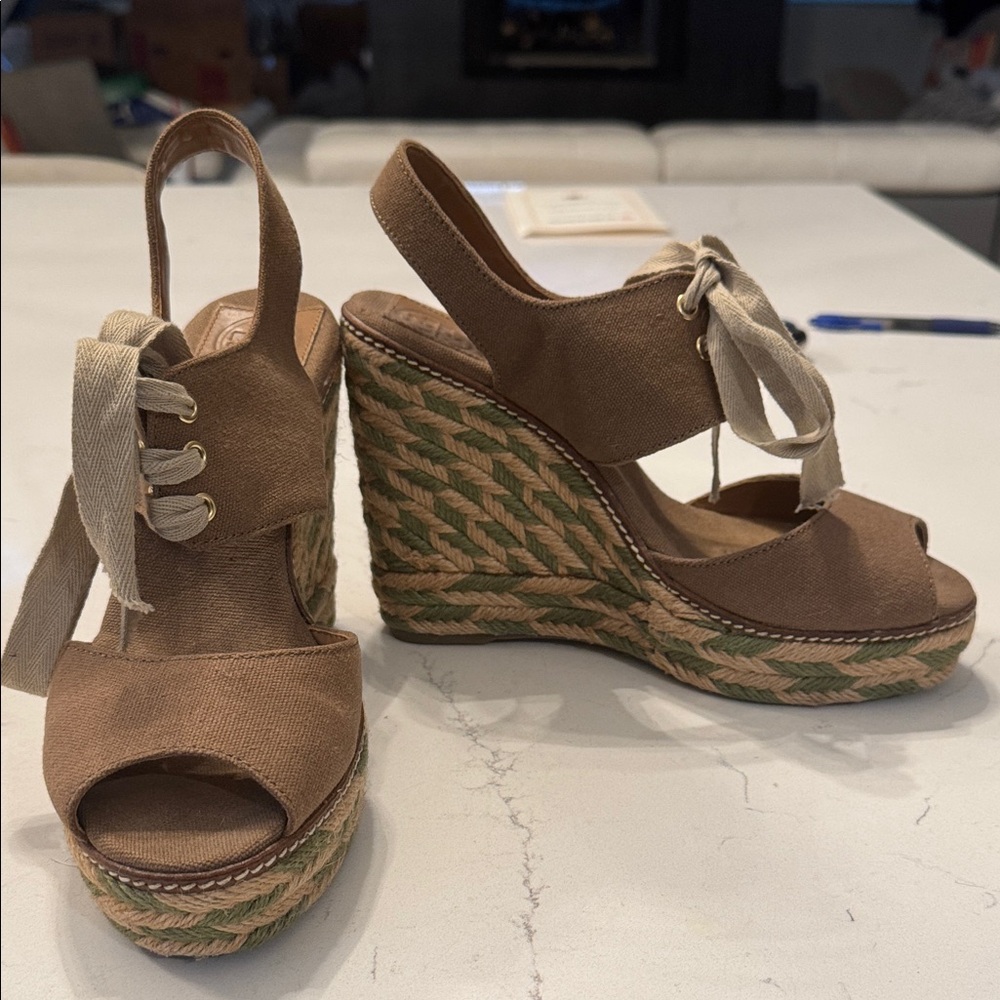 Tory Burch Canvas Espadrille Wedge Sandals in Brown